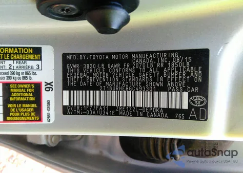 2016 Toyota Corolla L из США, поврежденный, VIN 2T1BURHE8GC493301